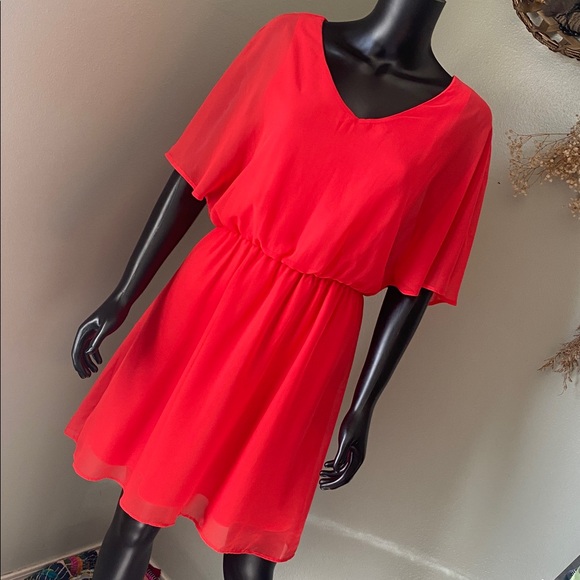 Charming Charlie Dresses & Skirts - Charming Charlie Vibrant Coral Red Sheer Mini Dress NWTs